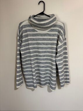 LOFT Gray & White Striped Cowl Neck Sweater